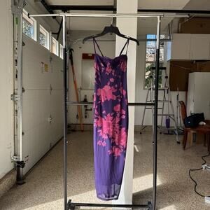 Love Island Dress - Women’s Slip Dress Purple Pink Floral Mesh Spaghetti Straps